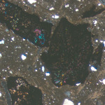Plate 93.1: Photomicrograph of trituration grits on UNV WH (XPL) (width of field 3.5 mm). Click to see a larger version
